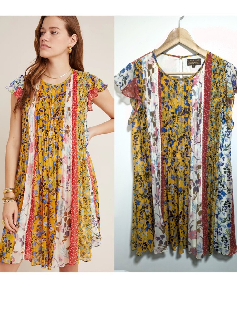 Varun Bahl x Anthropologie | Taylor Pintucked Floral Mini Dress In Yellow/Multi